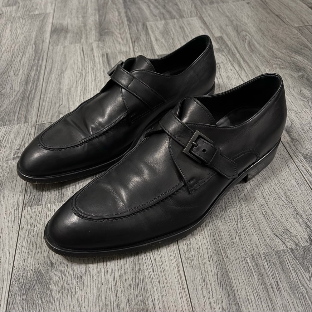 Giorgio Armani Classic Black Leather Buckle Strap Shoes Made in Italy Sz 43.5 EU